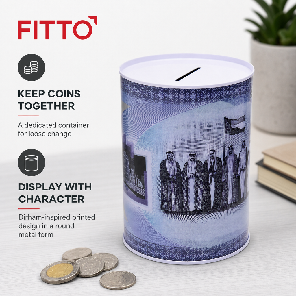 144 Pieces Coin Saving Box, Dirham Design Metal Money Box, Round Cylinder, 10 × 15 cm