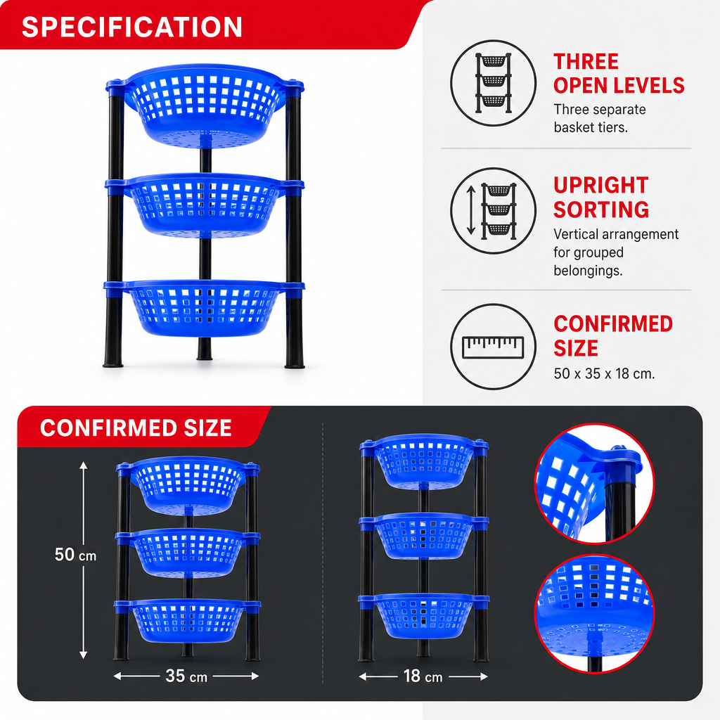 72 Pieces 3-Tier Plastic Storage Basket Rack, Blue and Black, Vertical Organizer for Home, Kitchen, Bathroom or Laundry, 1 Unit