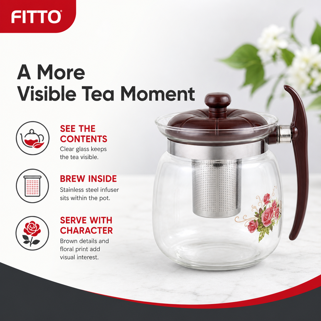 72 Pieces Glass Teapots 2.4-Litre with Stainless Steel Infuser, Brown Handle and Floral Print