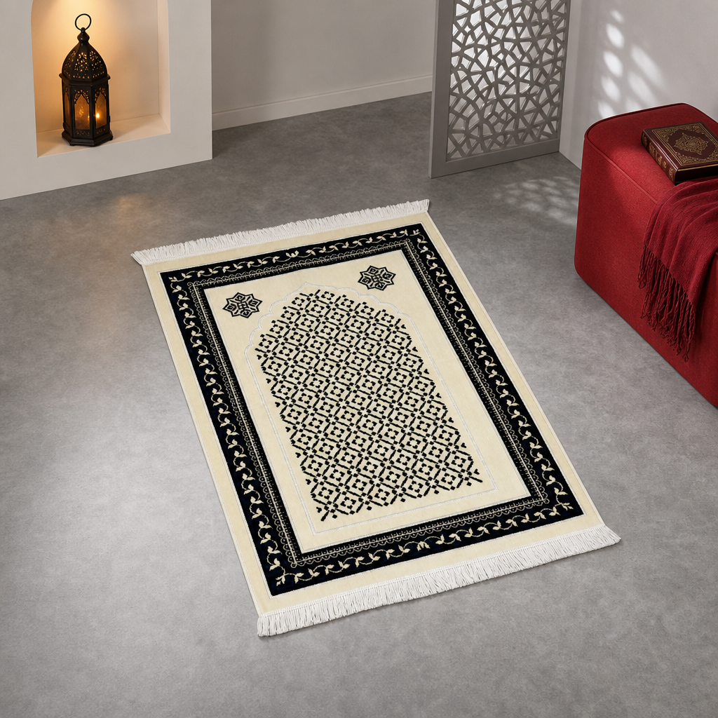 72 Pieces Decorative Prayer Mats, Turkish Style, Cream and Black Geometric Metallic Pattern