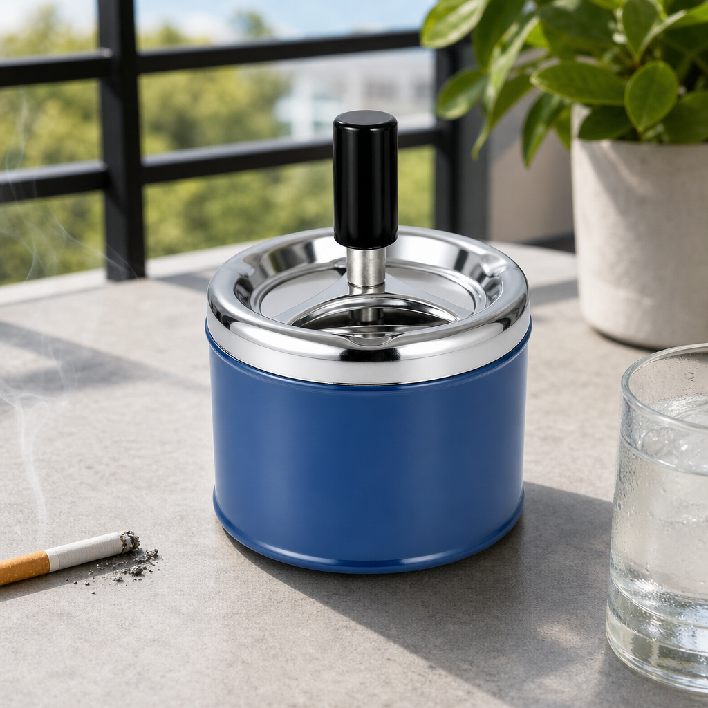 120 Pieces Blue Round Stainless Steel Push-Down Ashtrays with Lid, Tabletop Smoking Accessory, 17 x 14 x 14 cm