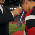 144 Pieces Football Sports Medal with Red White and Blue Ribbon, Bronze, 10 x 8 cm