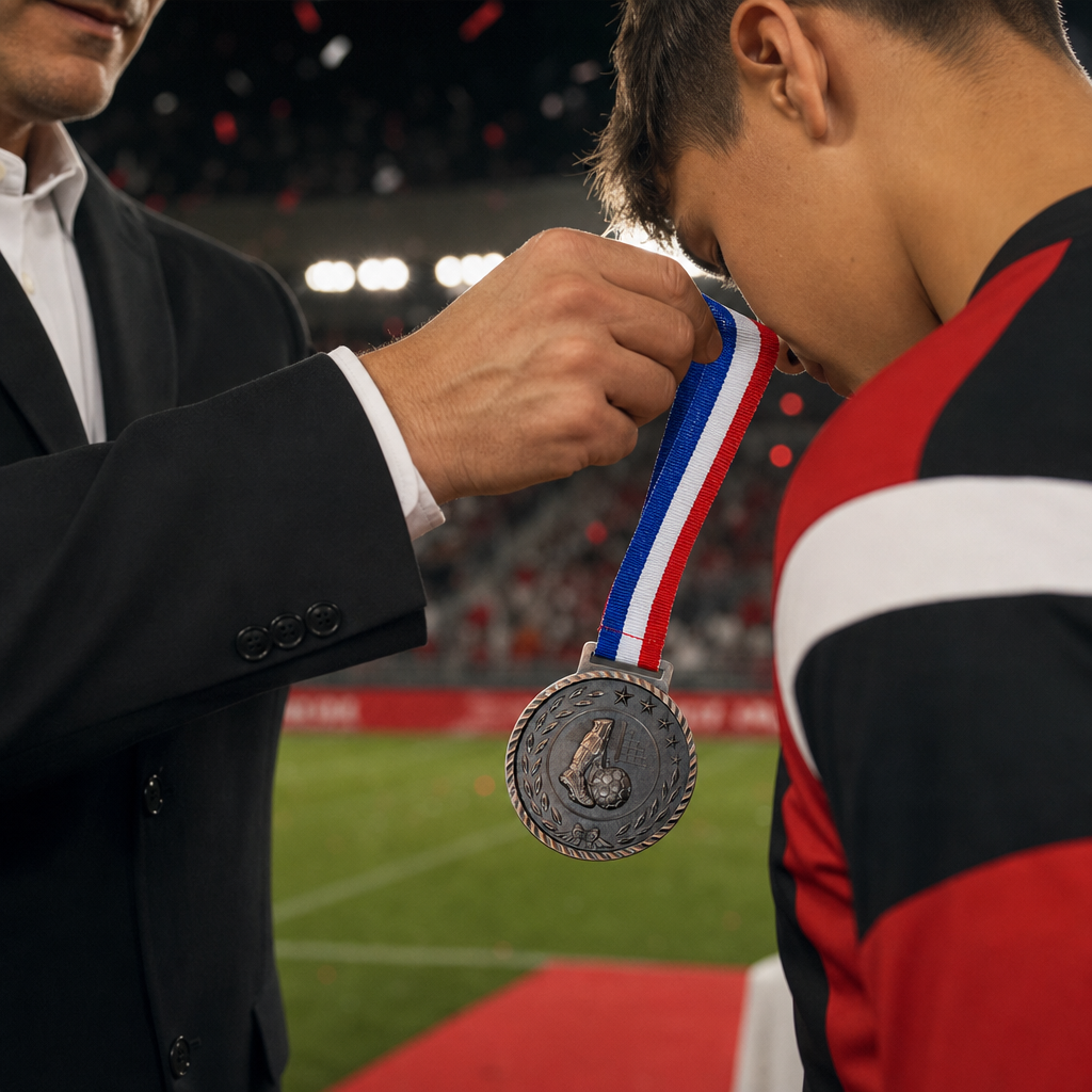 144 Pieces Football Sports Medal with Red White and Blue Ribbon, Bronze, 10 x 8 cm