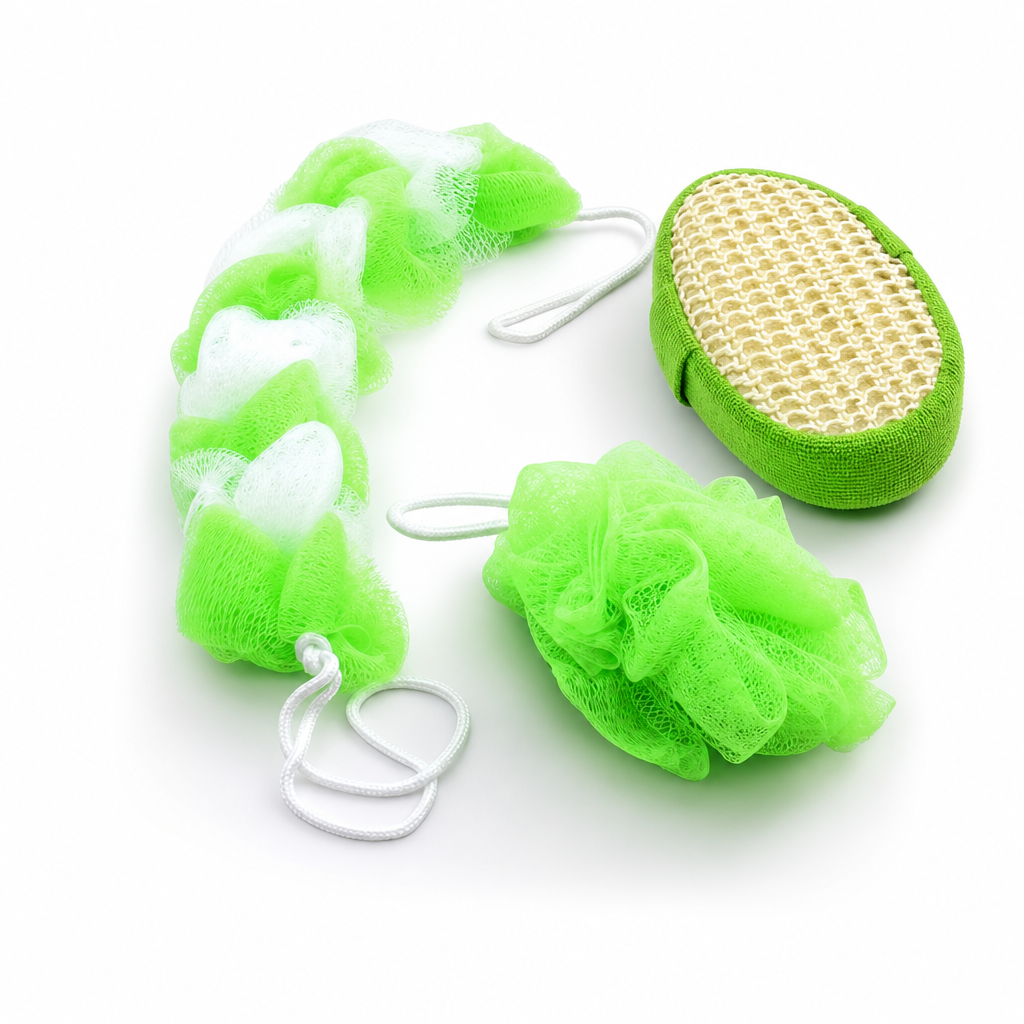 144 Pieces Assorted Colour Bath and Body Scrubber Set, Loofah, Mesh Puff and Brush, 3-Piece Personal Cleansing Set