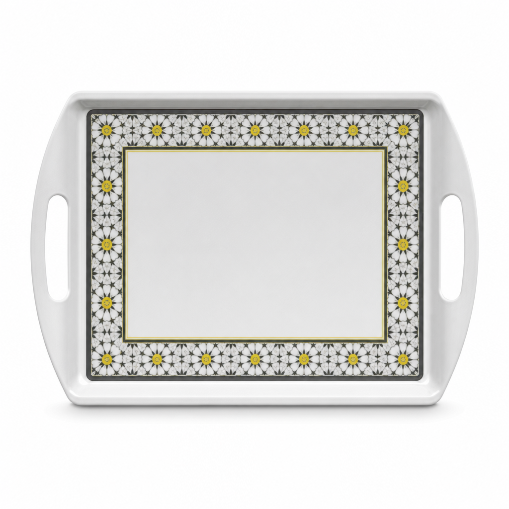 96 Pieces Melamine Rectangular Serving Trays with Dual Handles, 15 Inch, White and Grey with Yellow Accents