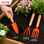72 Pieces 3-Piece Garden Tool Set, Carbon Steel Trowel, 3-Tooth Cultivator and 4-Tooth Fork, 25 cm, Orange and Wood