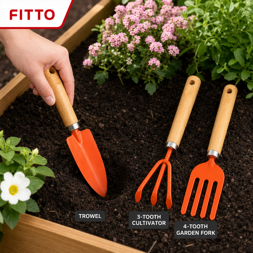 72 Pieces 3-Piece Garden Tool Set, Carbon Steel Trowel, 3-Tooth Cultivator and 4-Tooth Fork, 25 cm, Orange and Wood