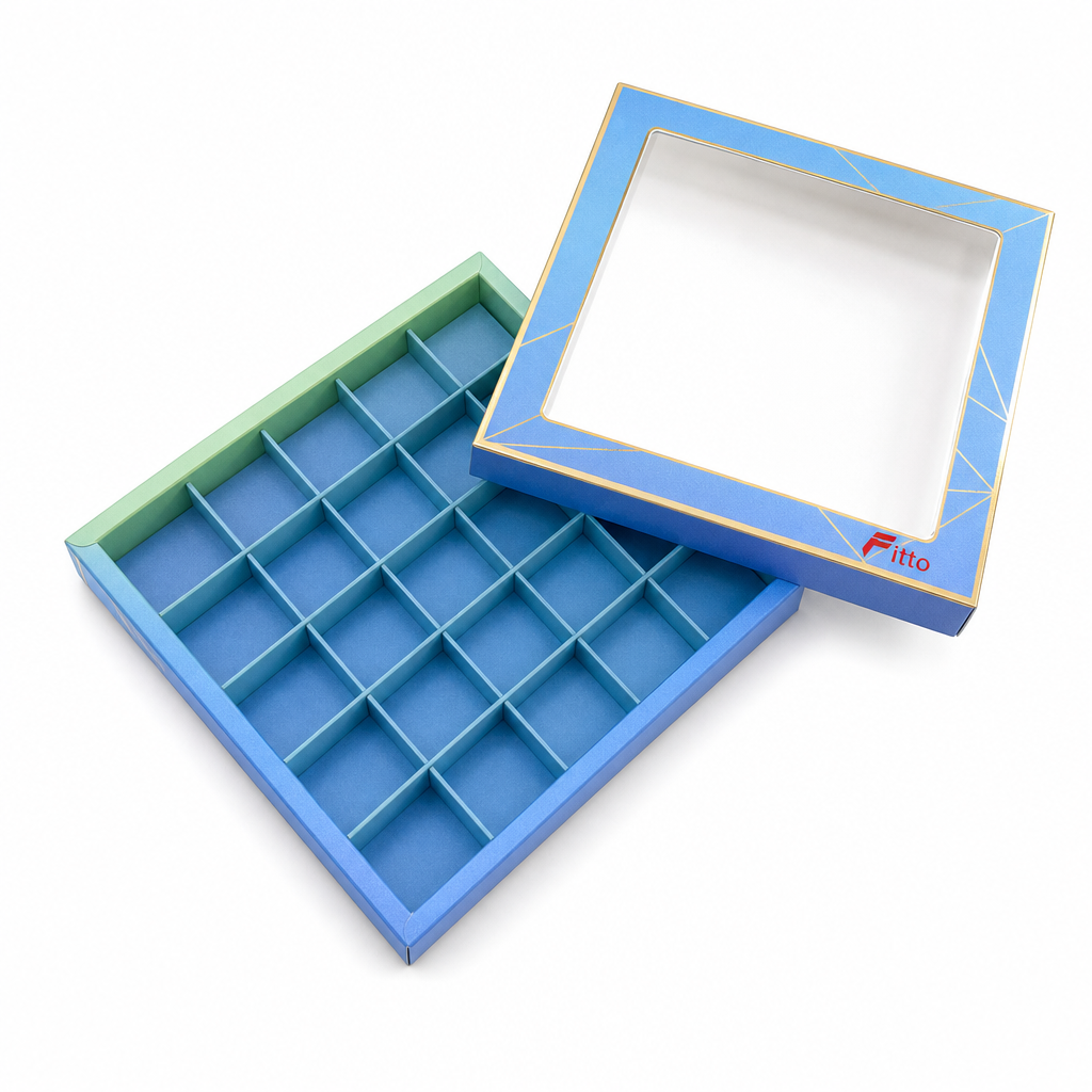120 Pieces Chocolate Box, Blue Square 25-Compartment Candy Box, 23.5 x 23.5 x 4 cm, 1 Piece