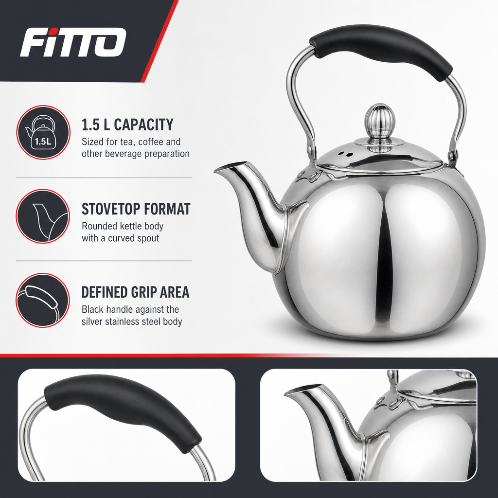 48 Pieces Stainless Steel Stovetop Kettle, 1.5 L, Silver With Black Handle, 1 Piece