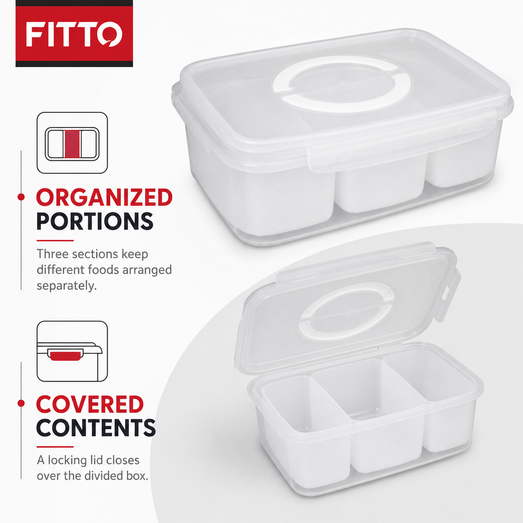 96 Pieces 3-Compartment Food Storage Box with Locking Lid, Clear, 29 × 21 × 7 cm