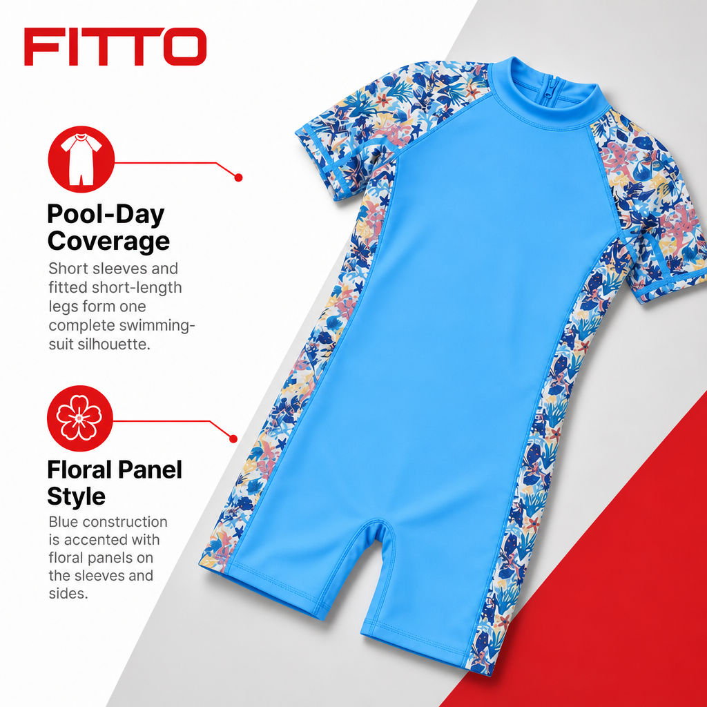 72 Pieces Blue Short-Sleeve Youth Swimming Suits with Floral Panels, Ages 7-14