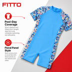 72 Pieces Blue Short-Sleeve Youth Swimming Suits with Floral Panels, Ages 7-14