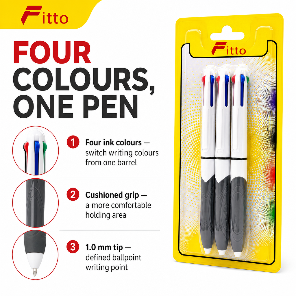 120 Pieces 4-in-1 Ball Pens with Cushioned Grip, 1.0 mm, 3-Pack
