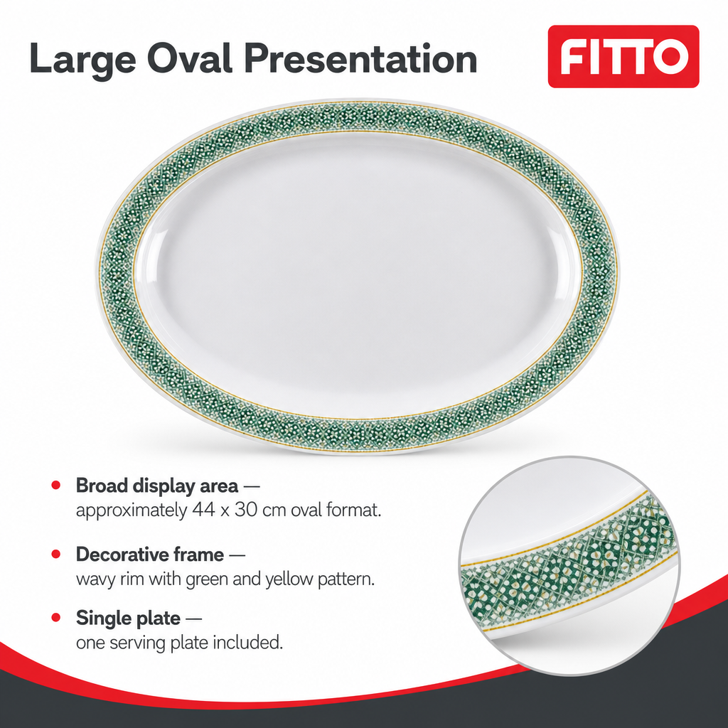 96 Pieces Melamine Wavy Oval Serving Plate, 17 Inch, White with Green and Yellow Pattern
