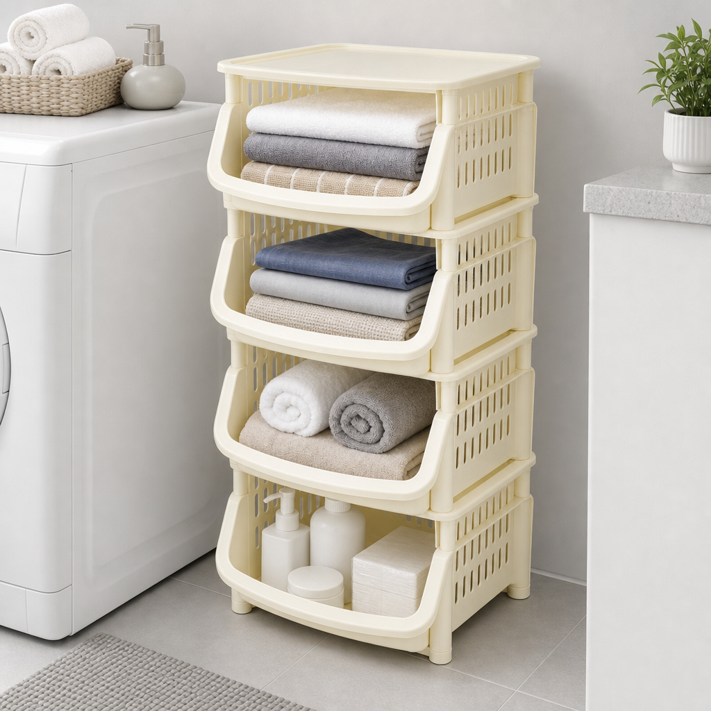 48 Pieces Storage Rack, Four-Tier Stackable Plastic Shelf with Open-Front Baskets, Cream, 55 x 43 x 25 cm