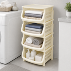48 Pieces Storage Rack, Four-Tier Stackable Plastic Shelf with Open-Front Baskets, Cream, 55 x 43 x 25 cm