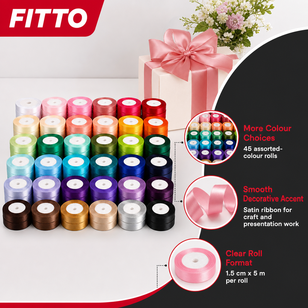 48 Pieces Assorted Colour Satin Ribbon Rolls, 1.5 cm x 5 m, 45 Rolls for Crafts, Wrapping and Decoration
