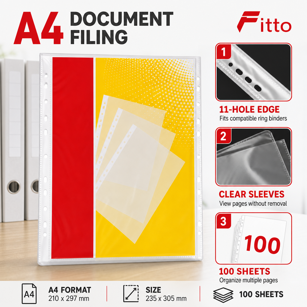 96 Pieces Clear A4 Sheet Protectors, 11-Hole Ring Binder Sleeves, 235 x 305 mm, Pack of 100 Sheets