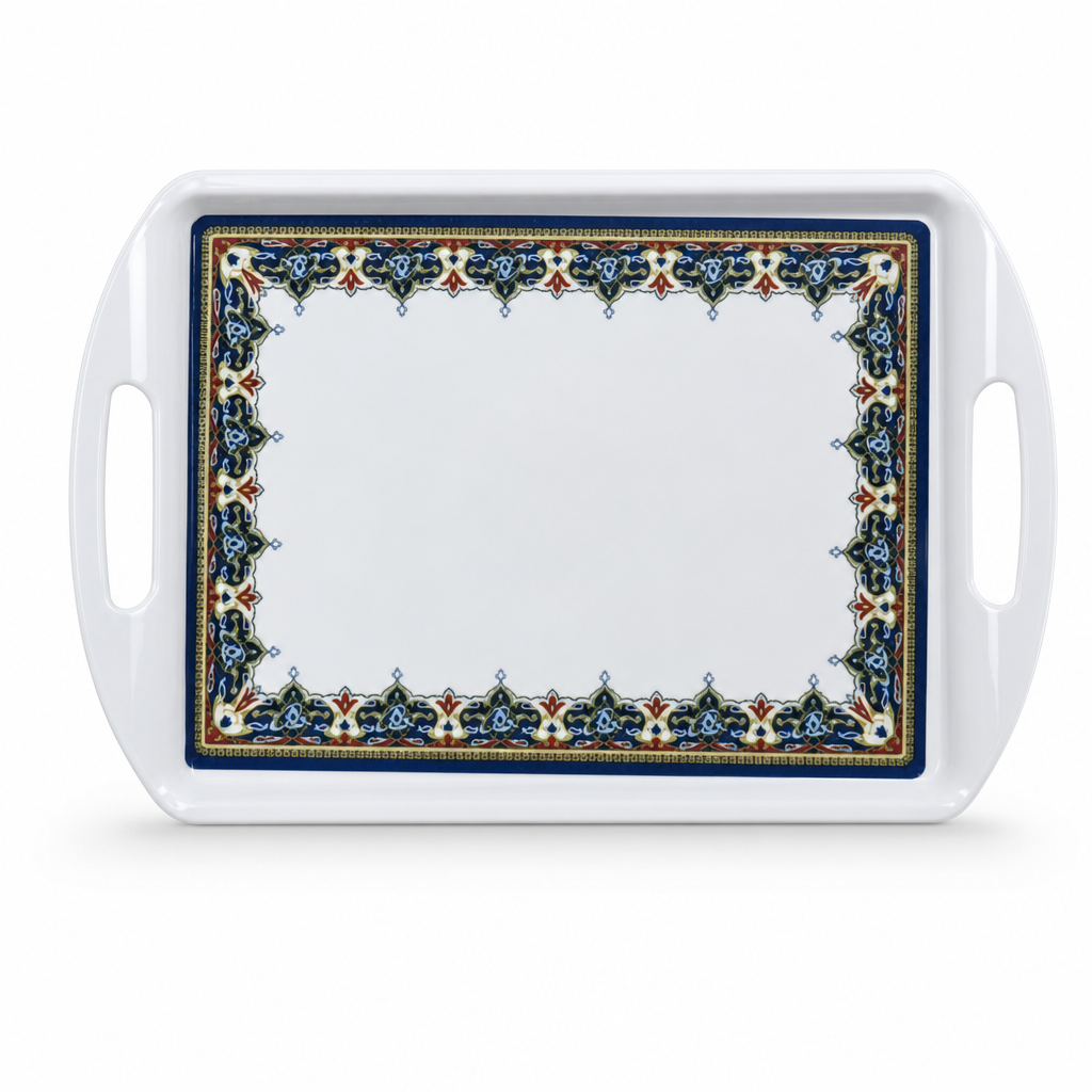 60 Pieces Melamine Rectangular Serving Trays with Handles, 24 Inch, White Decorative Border, 61.5 x 42 cm