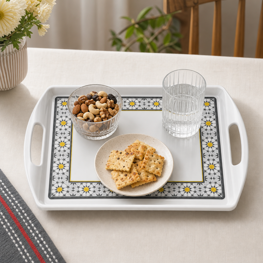 72 Pieces Rectangular Serving Trays with Dual Handles, 20 Inch, White Grey and Yellow Accents