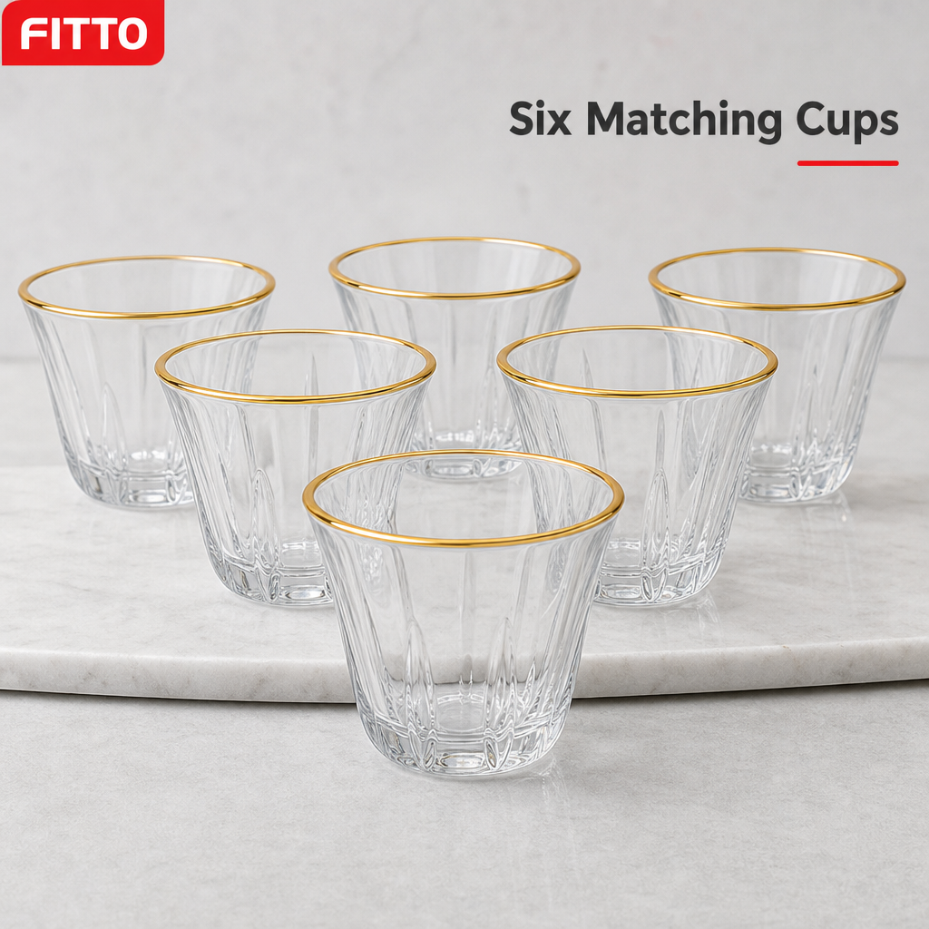 96 Pieces Clear Glass Cawa Cups with Gold-Tone Rims, Faceted Design, 6 Pieces