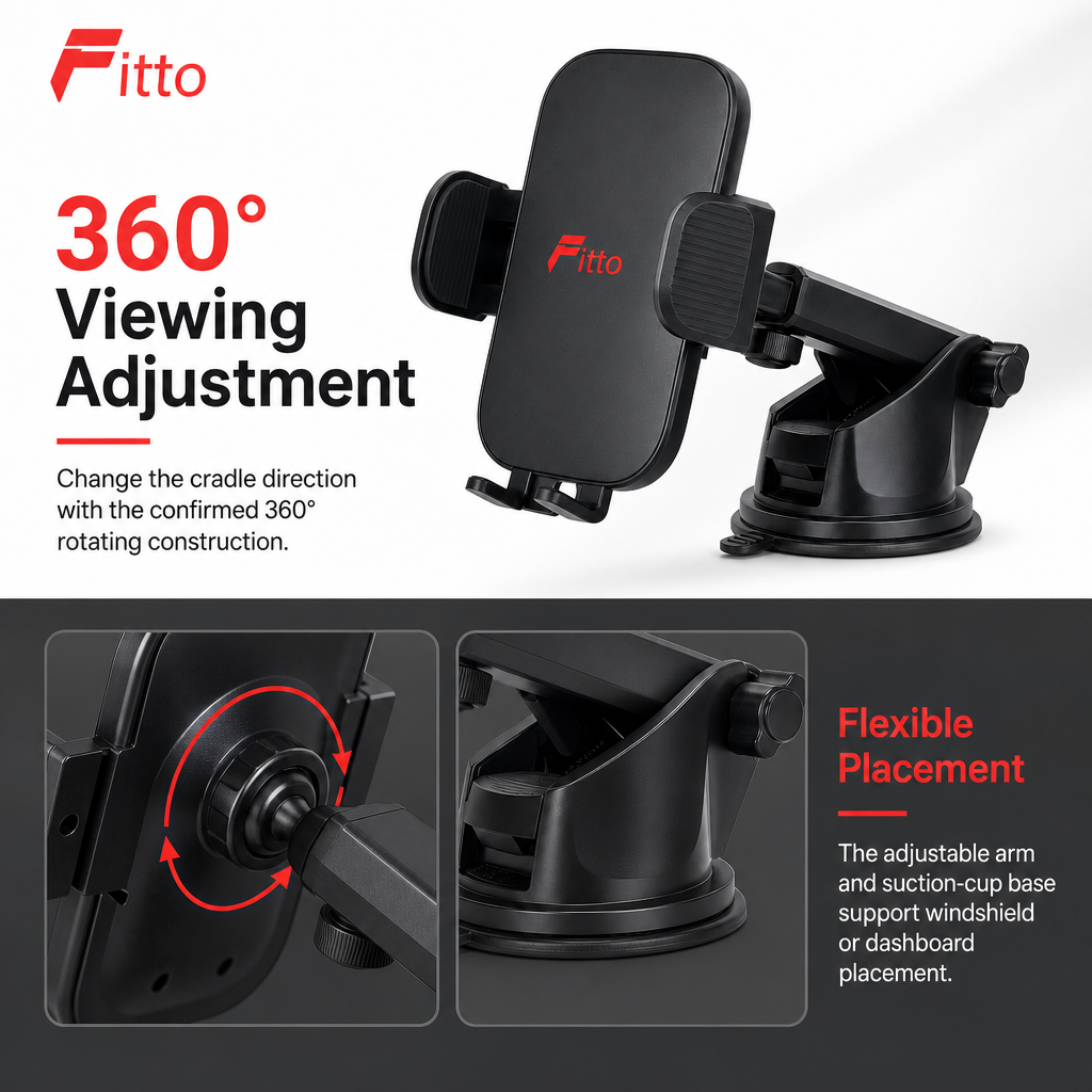 96 Pieces 360° Auto-Lock Car Phone Holder, Adjustable Suction Mount for Windshield or Dashboard, Black