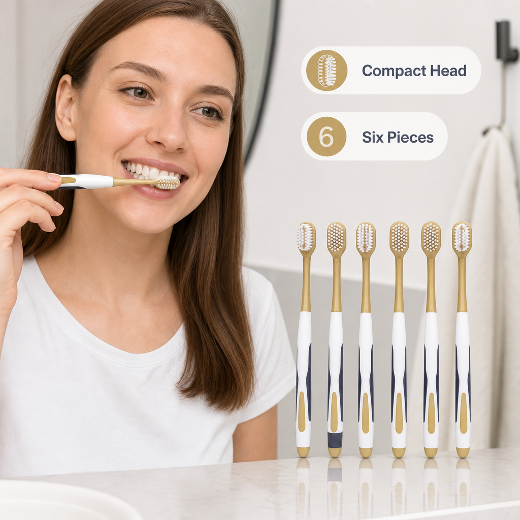 144 Pieces Adult Toothbrushes with Compact Heads, White and Beige, 6 Pieces