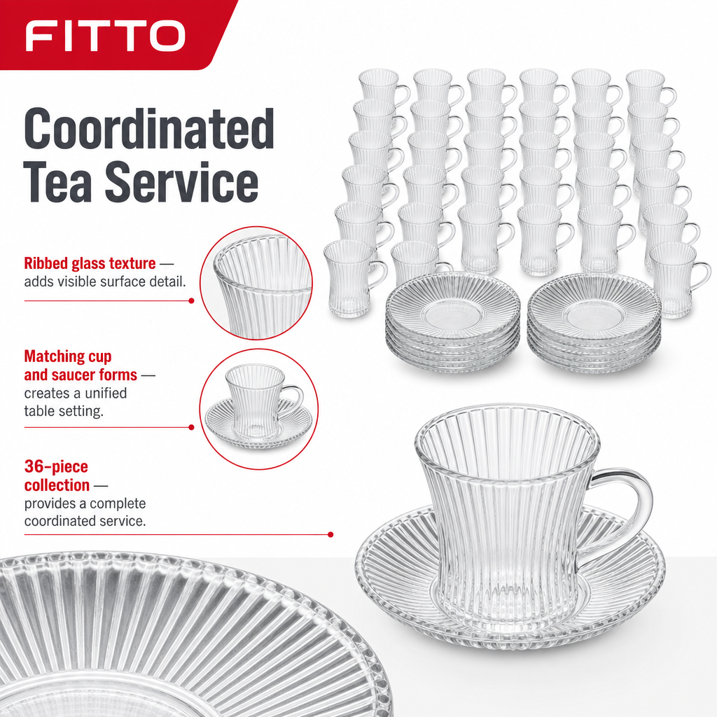 48 Pieces Ribbed Clear Glass Tea Cup and Saucer Set, 36 Pieces