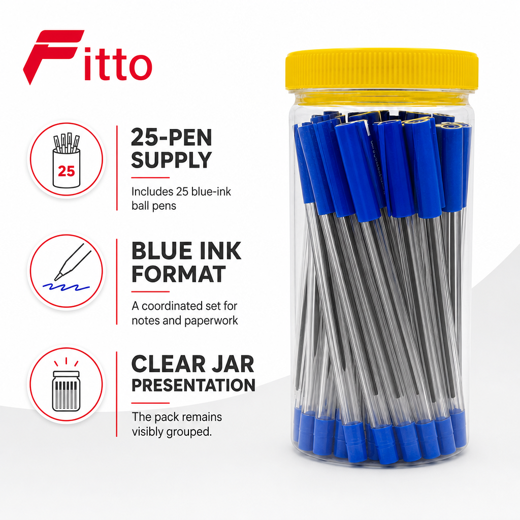 96 Pieces Ball Pens, Blue Ink, 25 Pack With Clear Storage Jar