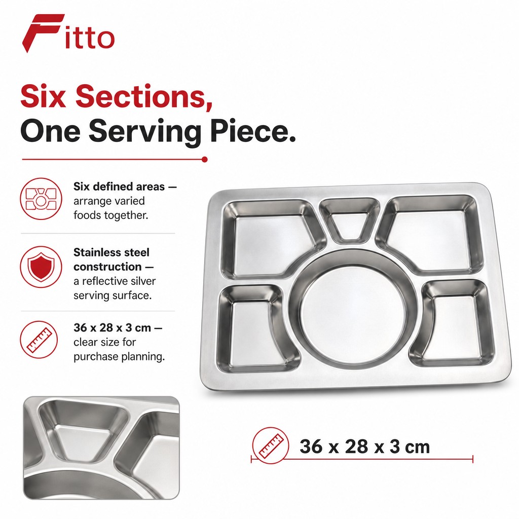 96 Pieces Stainless Steel Compartment Serving Trays, 6-Section Divided Platter, 36 x 28 x 3 cm, Silver