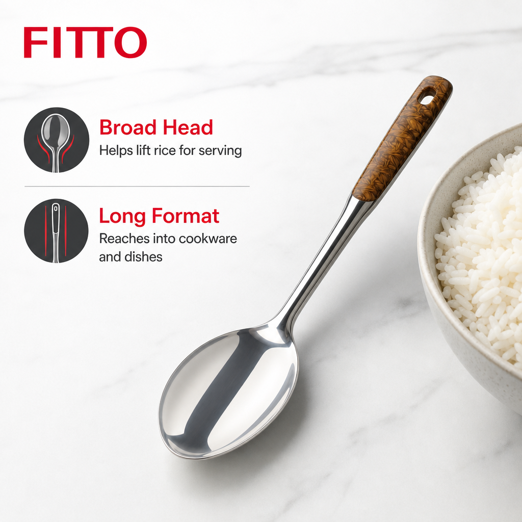120 Pieces Rice Spoon, Stainless Steel Serving Utensil with Wood-Look Handle, 28 cm, Single Piece