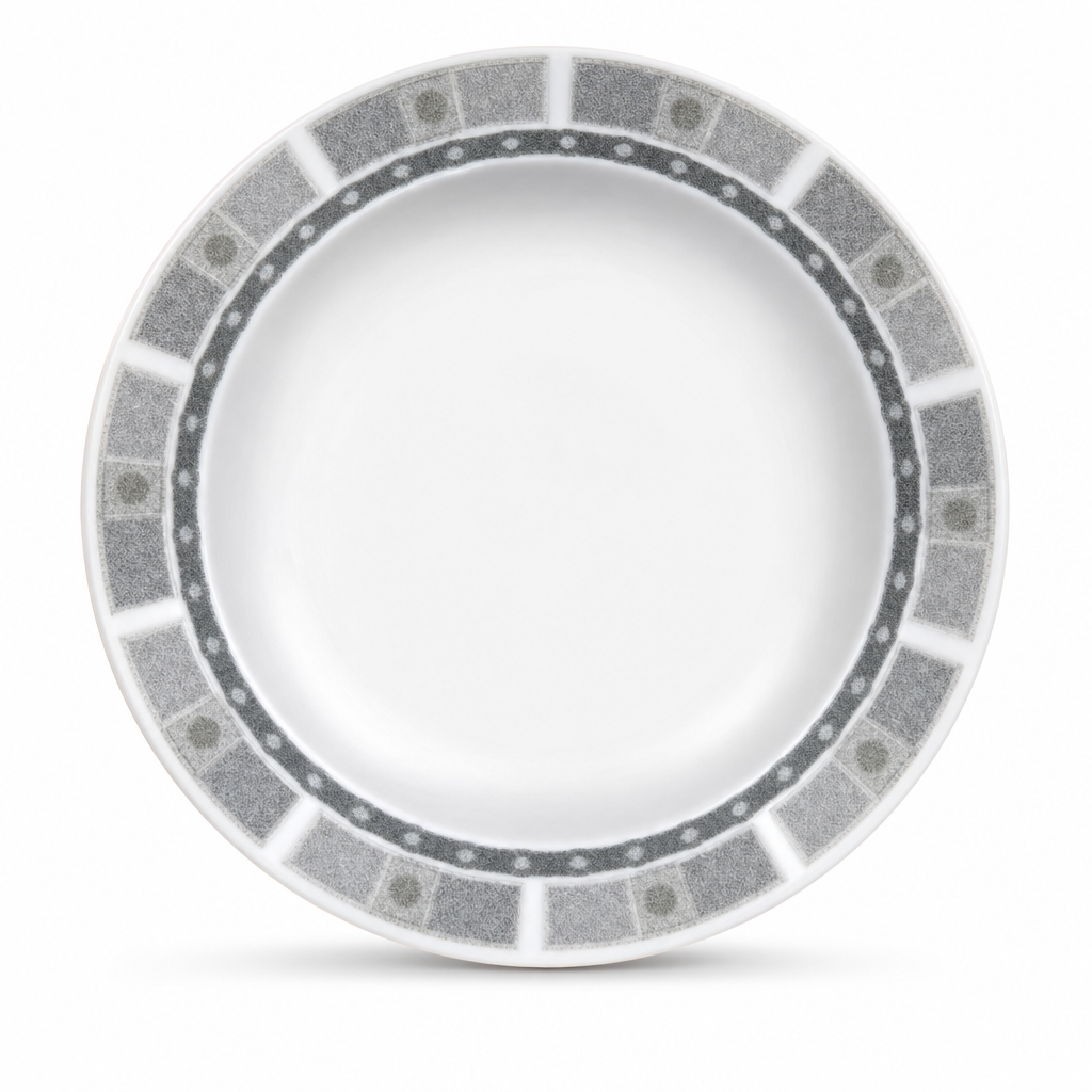144 Pieces Soup Plate, 7 Inch, Grey With Geometric Border, Single Piece