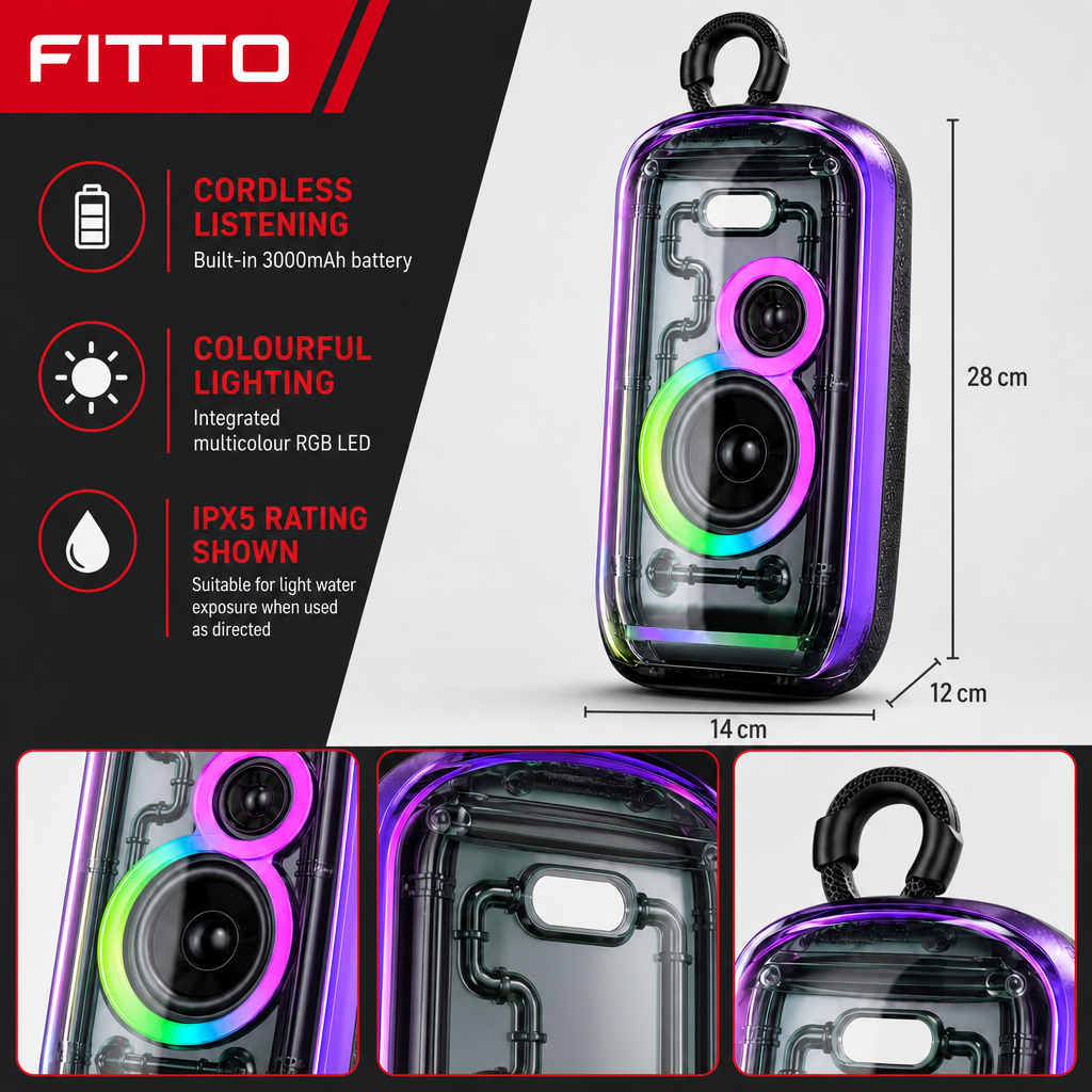 48 Pieces Portable Wireless Party Speaker, Transparent Housing, RGB LED Lighting, IPX5 Water Resistance and 3000mAh Battery