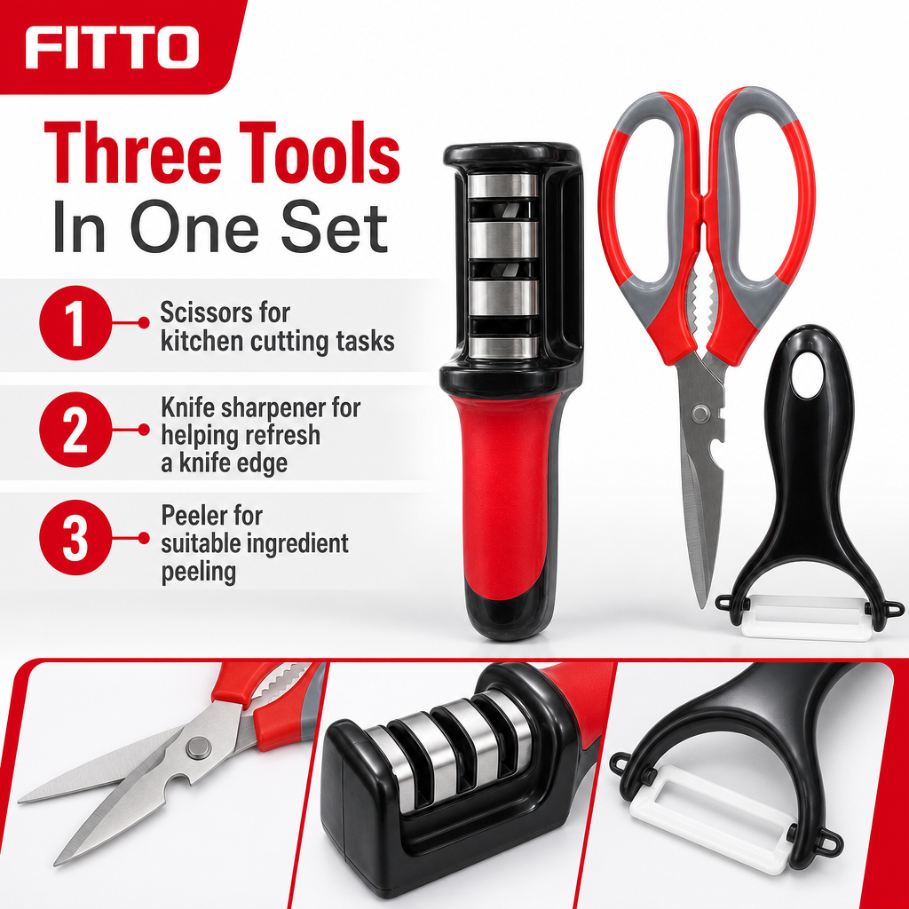 96 Pieces Kitchen Tool Set with Scissors, Knife Sharpener and Peeler, 3 Pieces