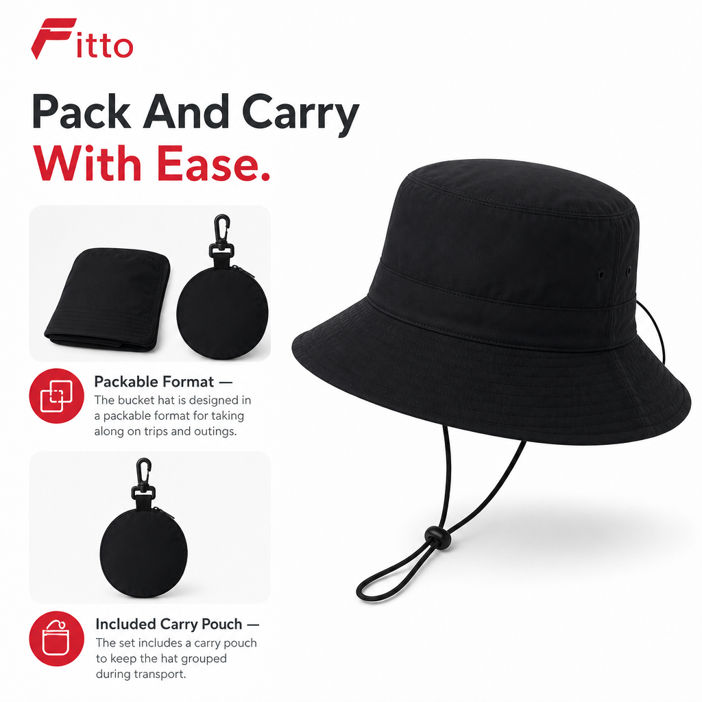 96 Pieces Packable Bucket Hat with Carry Pouch, Black, 1 Piece