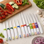 96 Pieces Kitchen Knives Set, Stainless Steel Blades with White Handles and Multi-Colour Accents, 12 Pieces
