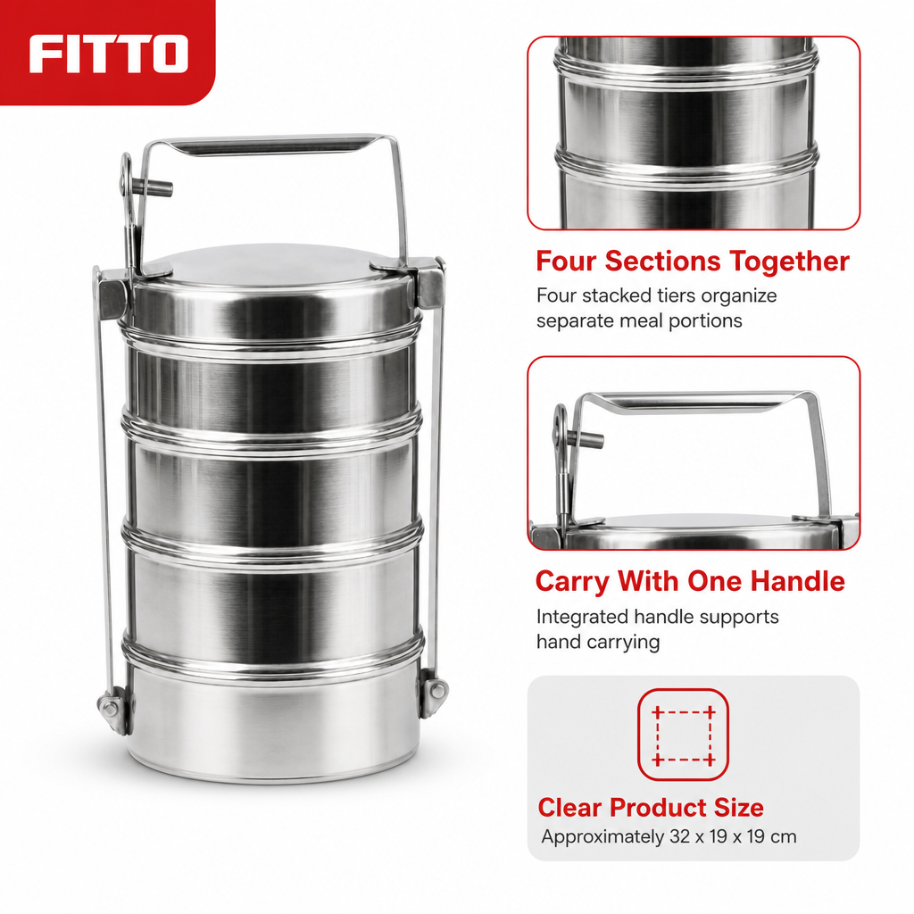 96 Pieces Four-Tier Stainless Steel Tiffin Lunch Box with Carry Handle, Silver Food Storage Containers