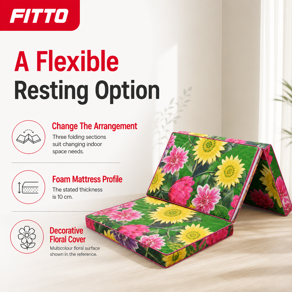 48 Pieces Folding Foam Mattresses, 3-Fold Design, 10 cm Thick, Floral Cover, 90 x 63 x 30 cm