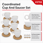 60 Pieces Ceramic Tea and Coffee Cups with Round Ring Handles and Wooden Saucers, White and Natural Wood, 6 Pieces