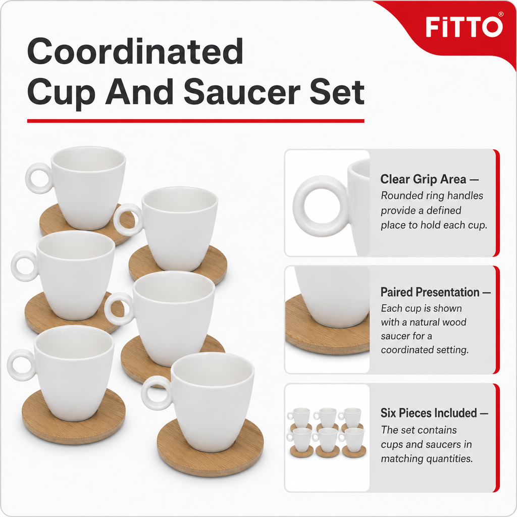 60 Pieces Ceramic Tea and Coffee Cups with Round Ring Handles and Wooden Saucers, White and Natural Wood, 6 Pieces