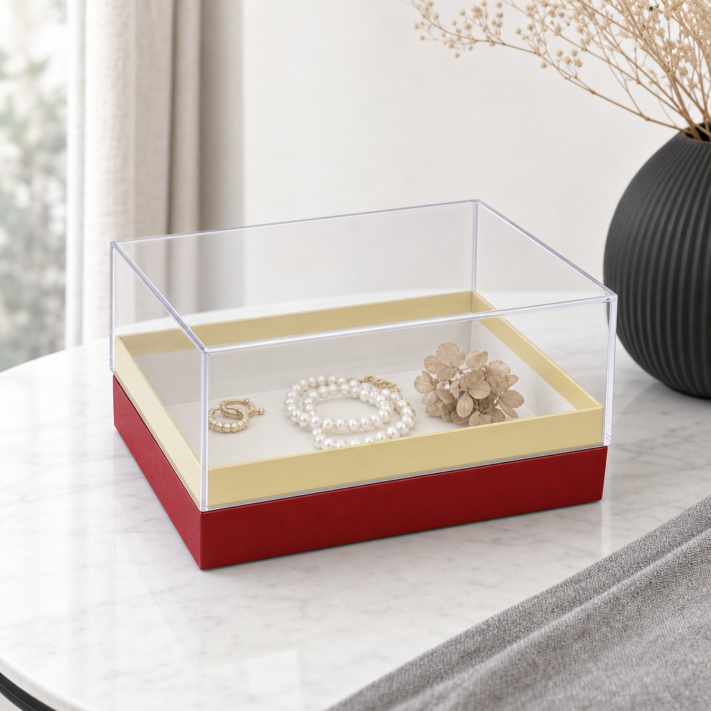 96 Pieces Red and Clear Acrylic Box, Rectangular Presentation Container, 18 × 13.5 × 10 cm, 1 Piece
