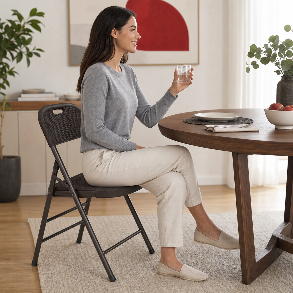48 Pieces Folding Chair, Brown Heavy-Duty Design with Woven Rattan-Style Seat and Backrest, Single Piece