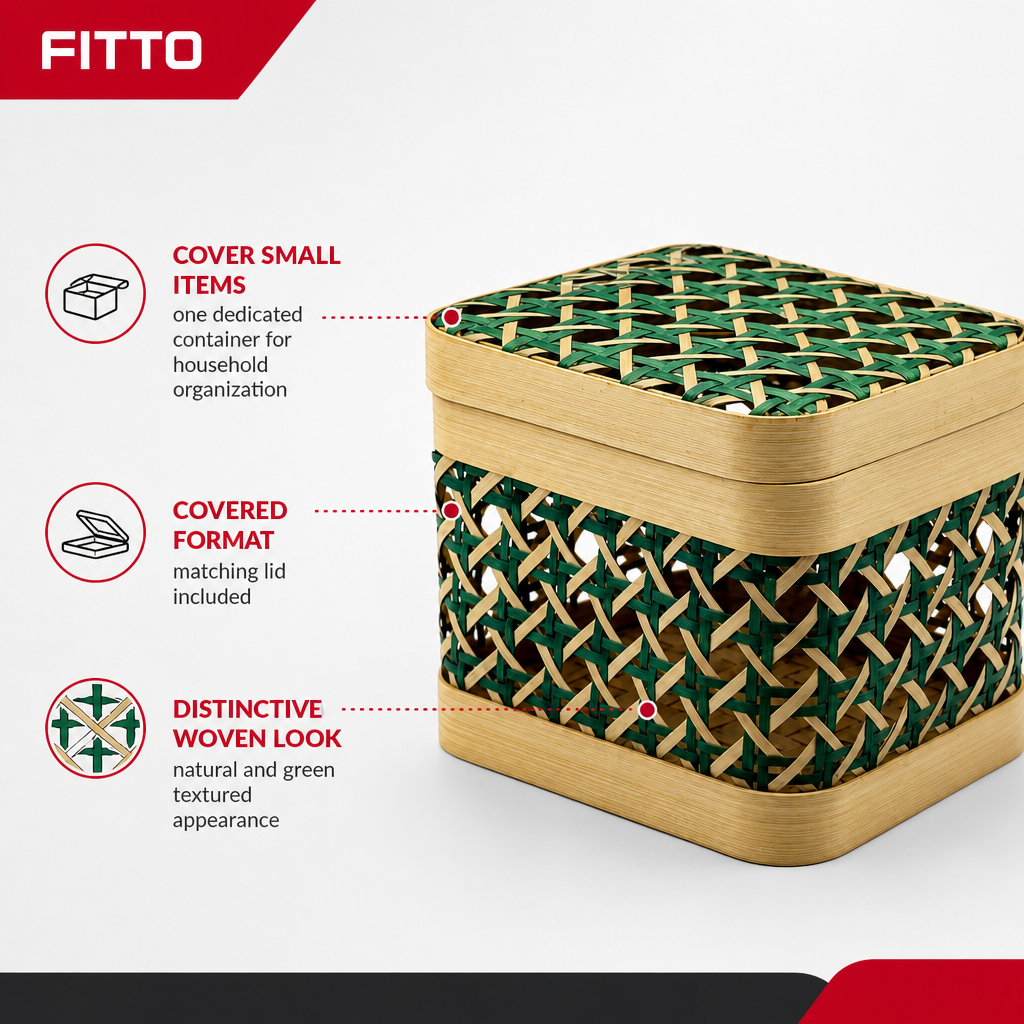 96 Pieces Woven Storage Box with Lid, Natural and Green, 12.5 x 15 x 13 cm