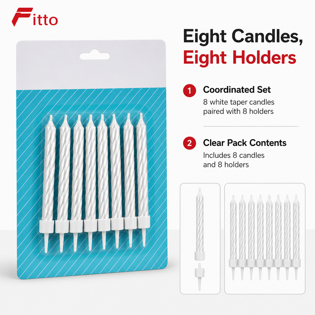 144 Pieces White Birthday Candles, 8 Taper Candles with 8 Holders for Cake Decoration