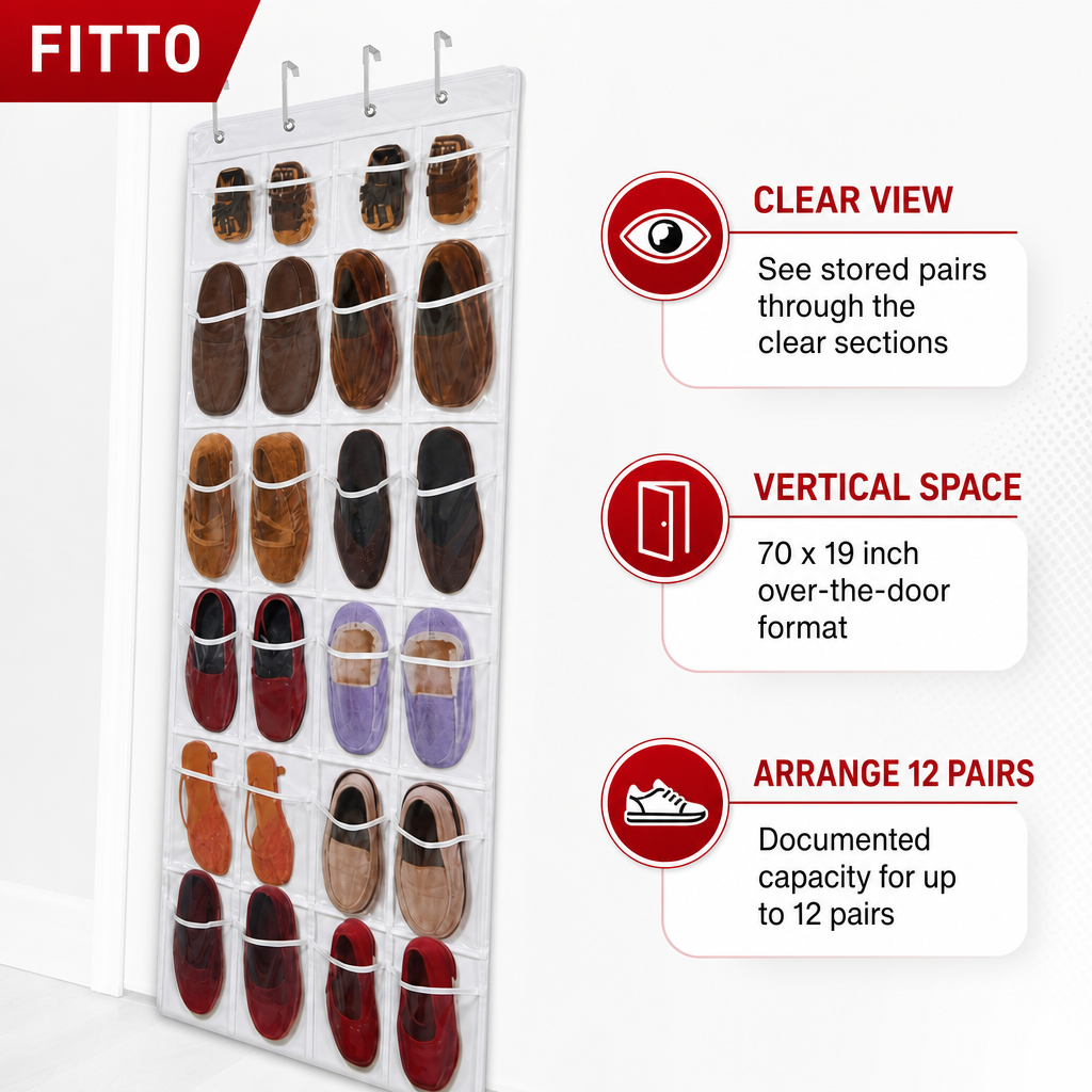 72 Pieces Over-the-Door Shoe Organizers, Clear and White, 70 x 19 Inch, 12-Pair Storage, 1 Piece