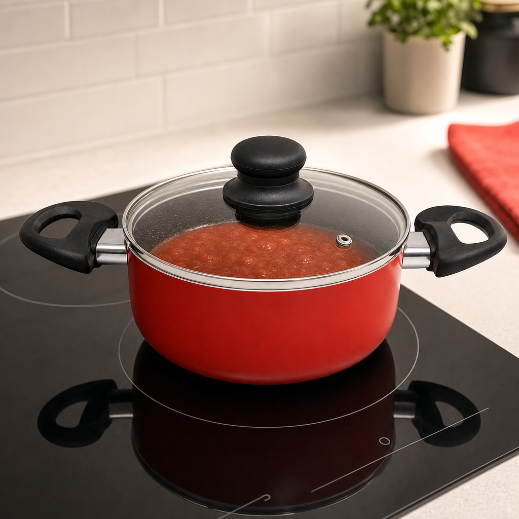 60 Pieces 18 cm Aluminium Non-Stick Saucepot with Glass Lid and Side Handles, Red