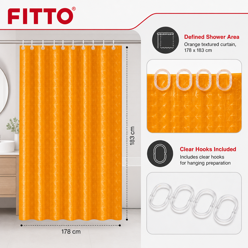 96 Pieces Shower Curtains, Orange Textured EVA and PEVA with Clear Hooks, 178 x 183 cm