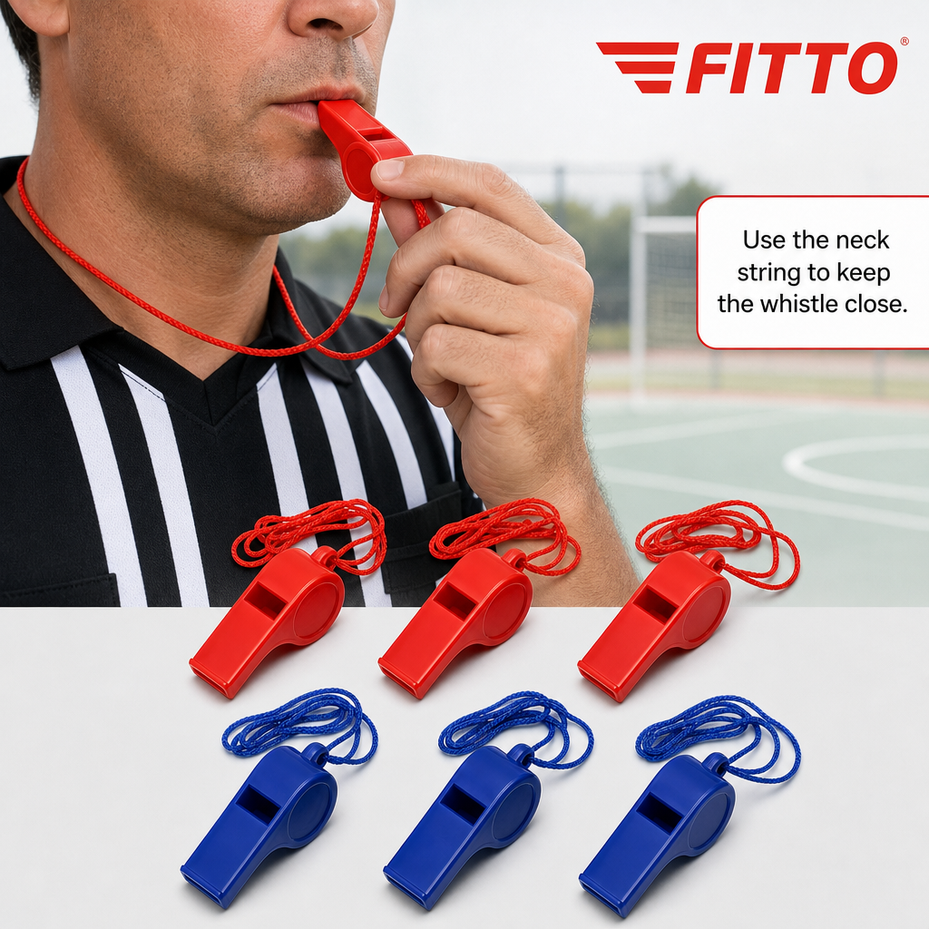 240 Pieces Sports Whistles with Neck Strings, Red and Blue Plastic, 6 Pieces
