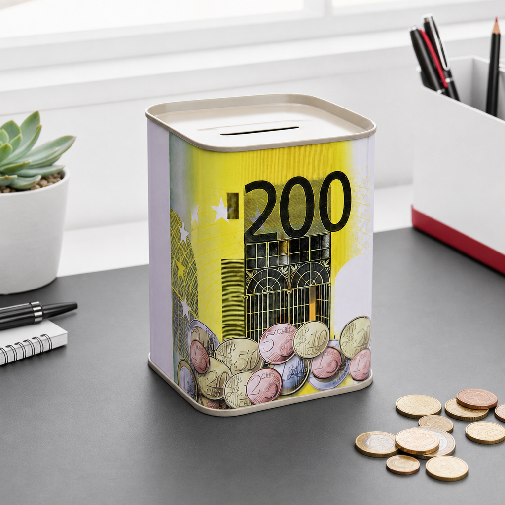 240 Pieces Metal Coin Saving Box, Square Euro-Themed Money Bank with Top Slot, 7.8 × 10.5 cm