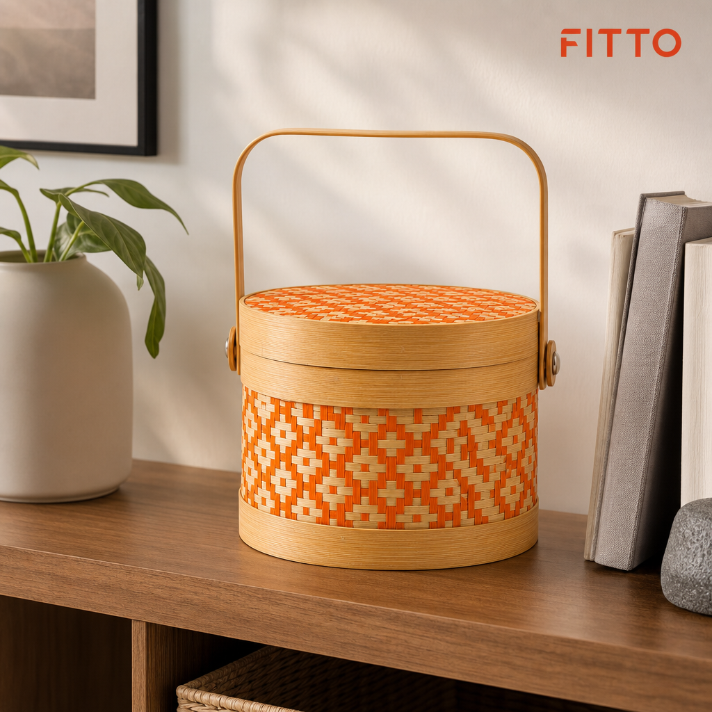 96 Pieces Round Woven Storage Box With Lid, Orange Pattern, 14 x 12 cm